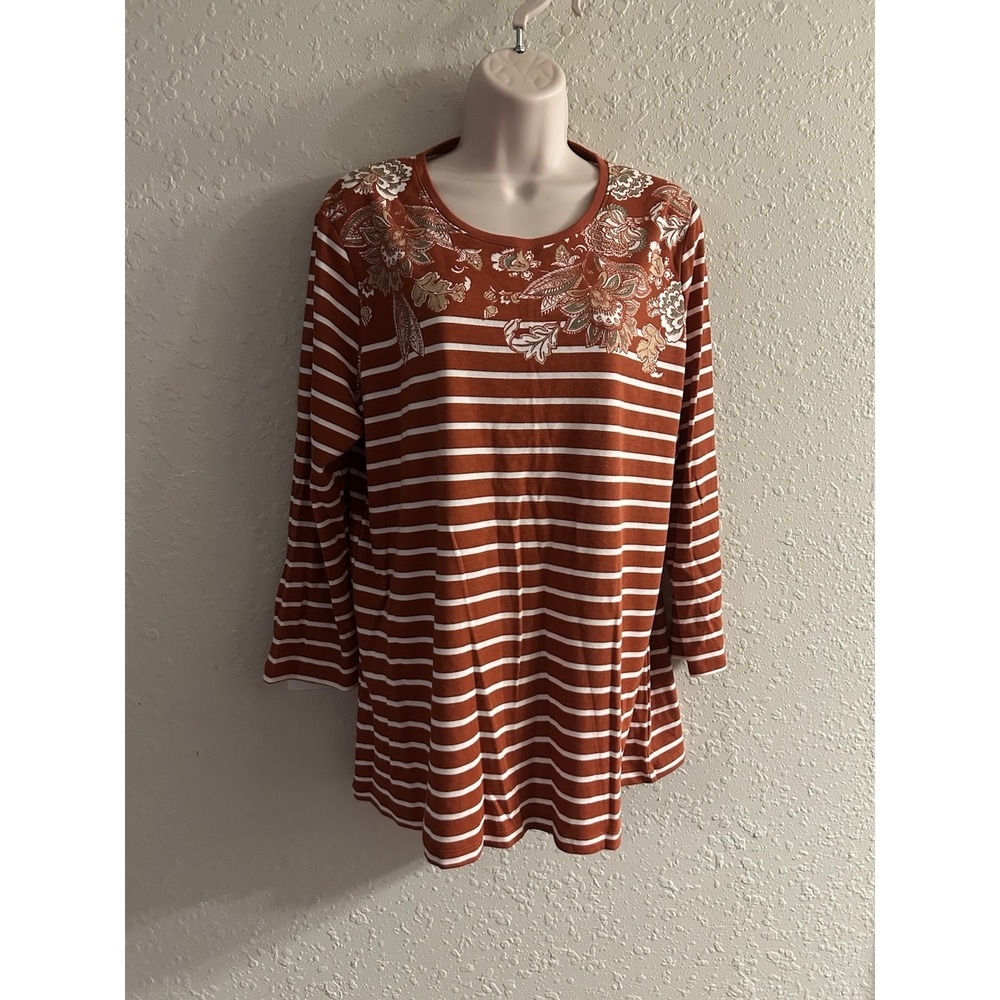 New Large Kim Rogers Stripe/Floral Embellished Top #251*8